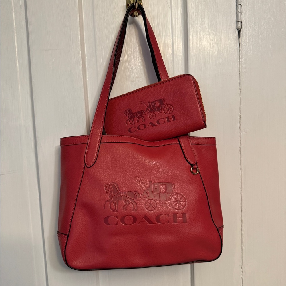 Coach Tote 27 Red Embossed Leather Tote and Wallet